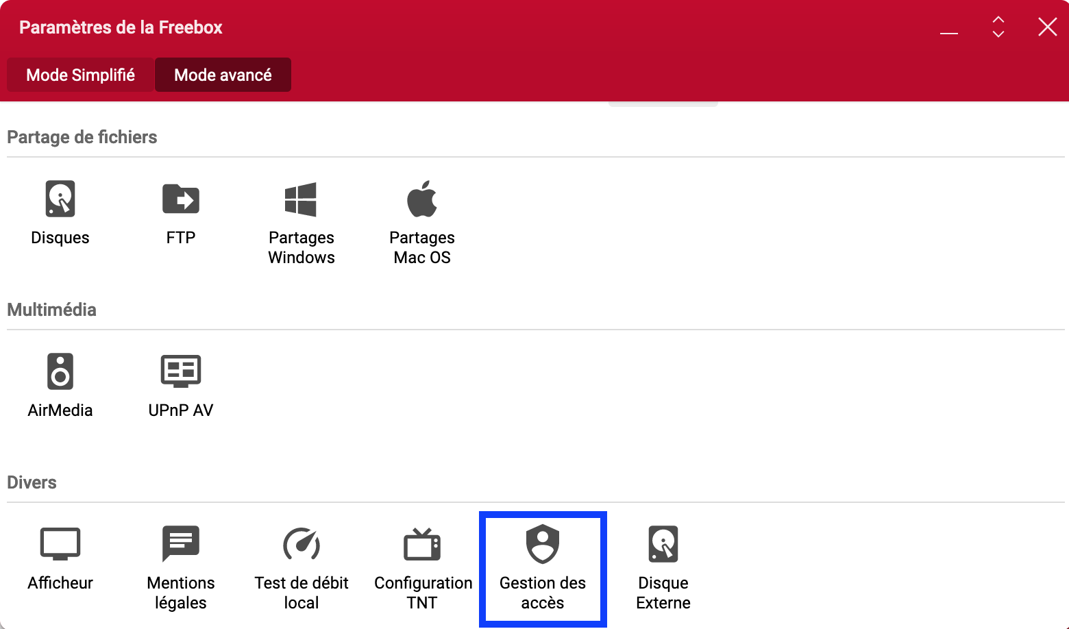 Paramètres de gestion des accès de la Freebox